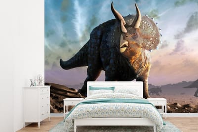 Behang - Fotobehang Dino - Geschiedenis - Triceratops - Kinderen - Jongens - Kids - Jongetje - Breedte 305 cm x hoogte 220 cm