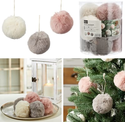 12 Fluffy pluche kerstballen in nepbont in pastelkleuren - grijs, roze en beige - Ø11cm