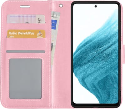 Hoesje - Met Pasjeshouder - Geschikt voor Samsung Galaxy A53 - Luxe Bookcase Portemonee - Flip Case - Kunstleer Book Case - Flipcase - Book Cover - Walletcase - Portemonneehoes - Lichtroze