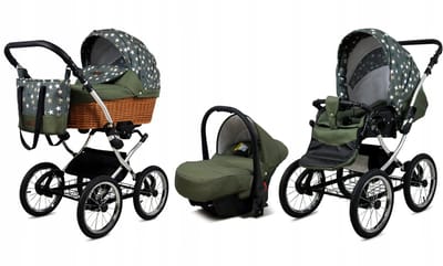 BabyLux® Kinderwagen 3in1 - CLASSIC EXCLUSIVE - OLIVE STAR SILVER FRAME - Opklapbare Wandelwagen incl. Reiswieg, Multifunctionele Buggy Sportstoel, Autostoel - Combi-kinderwagen met Luiertas, Regenhoes, Klamboe, Bekerhouder, etc.