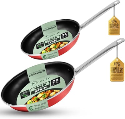 Novaliv energiebesparende pan 24-28 cm Besparing tot 40% Geëmailleerd staal Antiaanbaklaag aan de binnenkant, zeer eenvoudig te reinigen, Rood, pan voor alle soorten kookplaten Vaatwasserbestendig RVS-greep
