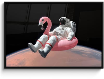 Poster in lijst - Fotolijst 120x80 cm - Posters - Astronaut - Flamingo - Zwemband - Roze - Posterlijst zwart - Decoratie - Wanddecoratie woonkamer - Muurdecoratie slaapkamer