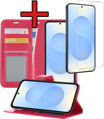 Hoesje - Met Screenprotector - Geschikt voor Samsung Galaxy S25 - Luxe Pasjeshouder - Flipcase - Bookcase Portemonee - Flip Case - Kunstleer Book Case - Book Cover - Walletcase - Portemonneehoes - Telefoonhoes - Donkerroze