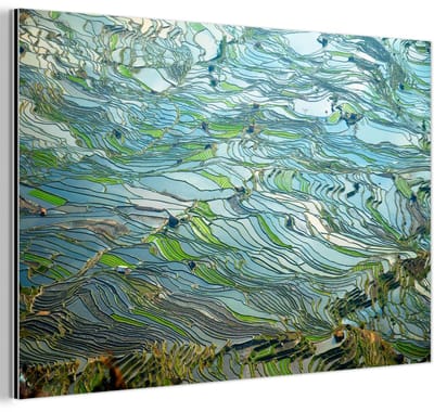 Aluminium schilderij 180x120 cm - Wanddecoratie metaal - Prachtige kleurrijke rijstvelden onder water in China - Metalen muurdecoratie woonkamer - Decoratie industrieel - Foto op dibond - Industriële accessoires slaapkamer