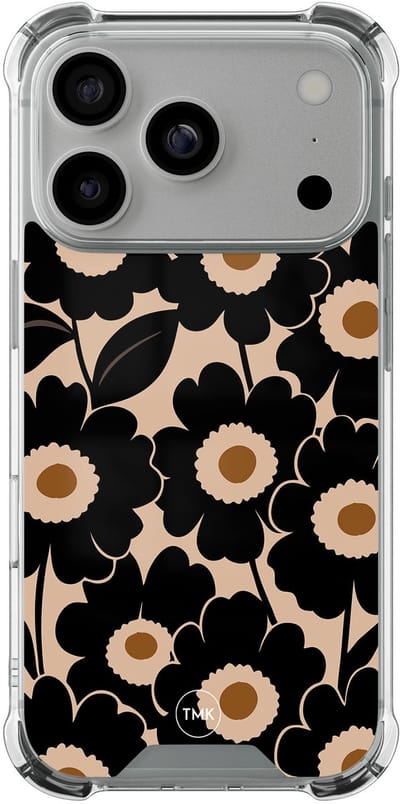 Shockproof hoesje geschikt voor Apple iPhone 17 Pro - Bloom luxe - Schokbestendig - Verhoogde randen - TPU case - Extra Sterke Back Cover - Bloemen - Transparant, Zwart