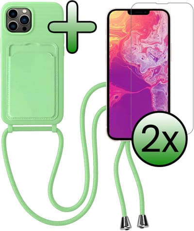 Hoes Geschikt voor iPhone 13 Pro Hoesje Pas Houder Case Hoes Met Koord Met 2x Screenprotector - Hoesje Geschikt voor iPhone 13 Pro Hoes Met Telefoonkoord Pasjeshouder Cover - Groen