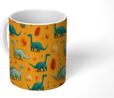Mok - Koffiemok - Dinosaurussen - Stekels - Herfstbladeren - Bruin - Mokken - 350 ML - Beker - Koffiemokken - Theemok