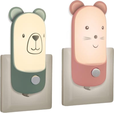 Nachtlampje voor Kinderen met Schakelaar voor Wandcontactdoos, Klein Binnenlampje voor Babykamer, Hal en Trap (Beer/Muis)