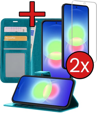 Hoesje - Met 2x Screenprotector - Geschikt voor Samsung Galaxy A27 - Luxe Pasjeshouder - Flip Case - Bookcase Portemonee - Kunstleer Book Case - Flipcase Hoes - Book Cover - Walletcase - Portemonneehoes - Telefoonhoes - Turquoise
