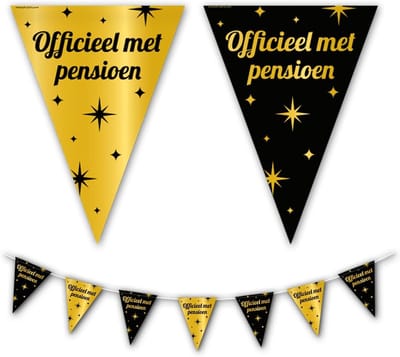 Thijox - Slingers Pensioen - Goud en Zwart - Luxe Vlaggenlijn - Officieel Met Pensioen Versiering - 1 Stuk - Perfect Voor Pensioenfeest