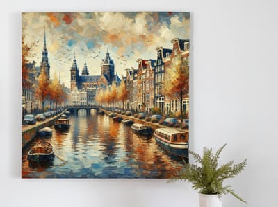 Olieverf amsterdam schilderij | Amsterdamse meesterwerk van olieverf, een prachtig kunstwerk ontstaat | Kunst - 100x100 centimeter op Dibond | Foto op Dibond