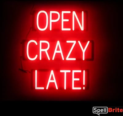 OPEN CRAZY LATE! - Lichtreclame Neon LED bord verlicht | SpellBrite | 54 x 60 cm | 6 Dimstanden - 8 Lichtanimaties | Reclamebord neon verlichting