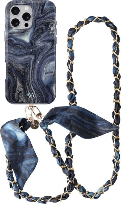 AVY Hoesje Met Telefoonkoord | Geschikt voor Apple iPhone 16 Pro | Compatibel met MagSafe & Qi2 | Hard Shell Back Cover | Stijlvol Bijpassend Koord Crossbody (120CM) | Obscura Blue