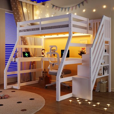 OKWISH Hoogslaper 90x200 cm - Met Bureau en Ledverlichting - Met Opbergtrap - Kinderkamer - Hout - Wit - Zonder Matras