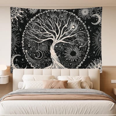 Levensboom Wandtapijt met Maan en Zon, Psychedelische Mandala en Sterrenhemel (150 x 200 cm) voor Wanddecoratie en Sfeercreatie