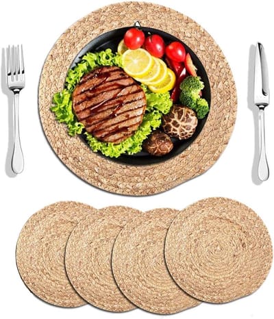 Candala ronde geweven placemats, 13,8 inch plaatladers natuurlijke rieten placemats waterhyacint stro gevlochten tafelmatten rotan tafelmatten rustieke geweven placemats voor tafeldecoratie