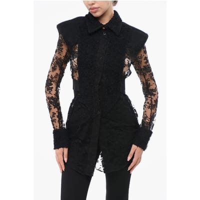 Kanten shirt met schoudervullingen in zwart