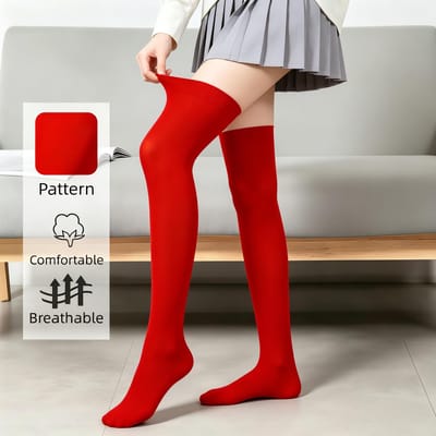 Dames Effen Helderrood Dijhoge Sokken Zacht Rekbaar Casual Over de Knie Sokken Voor Dagelijks Gebruik Buitenactiviteiten One Size red