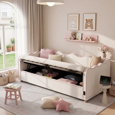 Slaapbank 90x200 cm met hydraulische opbergruimte - gestoffeerd bed - met USB en rugleuning - beige