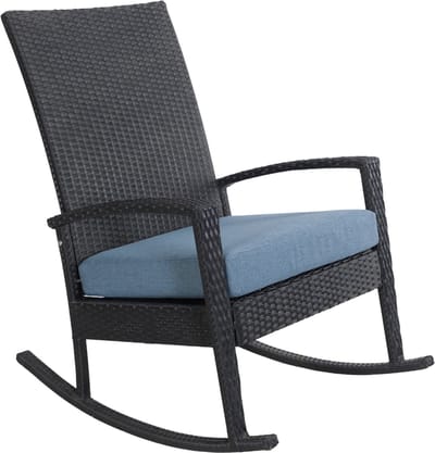 Luna Rocking chair - Schommelstoel buiten- Zwart poly rattan - Blauw Kussen - Tuinstoel schommelstoel - tuinmeubelen - loungemeubel outdoor voor terras, balkon, wintertuin