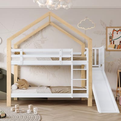 Stapelbedden - 90x200cm - Etagenbed Met Rutsche, 3-Traps Hoekladder, Hausbed Met Veiligheidshek - Kinderbed - Hout - Wit/Natuurlijk