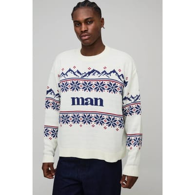 Oversized Boxy Fair Isle Kerst Gebreide Trui | Ecru | Size XS