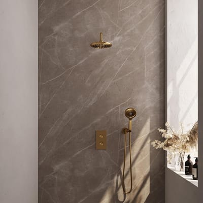 Brauer Gold Carving Thermostatische Regendoucheset Inbouw - Hoofddouche 20 cm - Gebogen Wandarm - 3 Weg - Handdouche 3 Standen - Doucheslang - Wandaansluitbocht - Geborsteld Goud