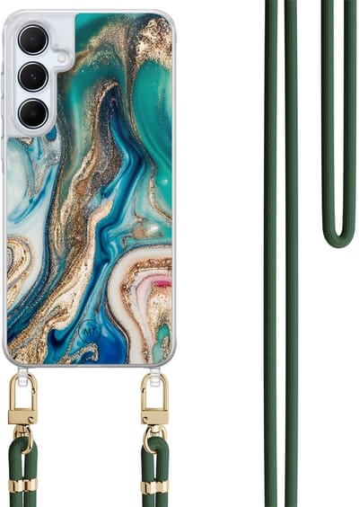 Hoesje met koord geschikt voor Samsung Galaxy A55 - Magic marble - Inclusief Groen koord - Crossbody beschermhoes - Transparant, Multi - Mooie Telefoonhoesjes