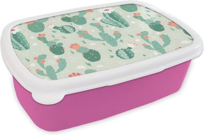 Broodtrommel Roze - Lunchbox - Brooddoos - Cactus - Patronen - Bloem - 18x12x6 cm - Kinderen - Meisje