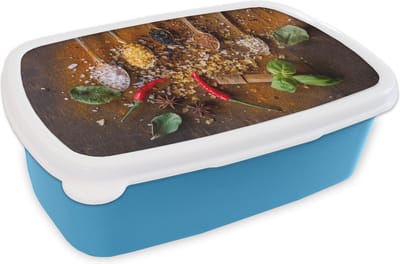 Broodtrommel Blauw - Lunchbox - Brooddoos - Lepels - Kruiden - Chilipeper - Specerijen - 18x12x6 cm - Kinderen - Jongen