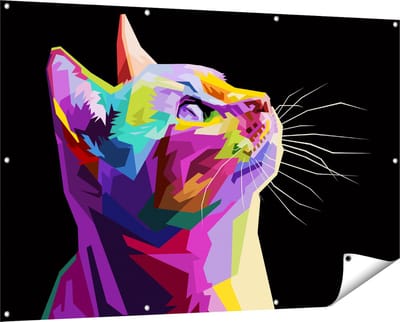 Gards Tuinposter Kleurrijke Kat Kijkt naar Boven - Abstract - 150x100 cm - Tuindoek - Tuindecoratie - Wanddecoratie buiten - Tuinschilderij