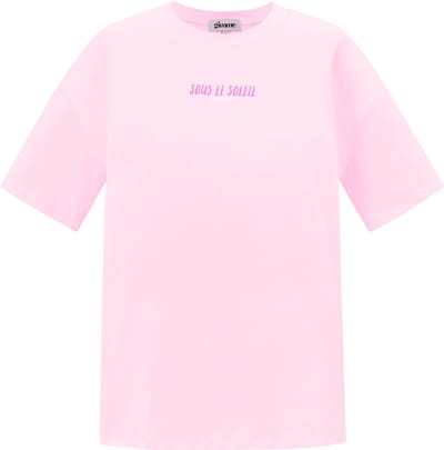 Comfortabel Katoen Gebreid Dames T-shirt met "Sous Le Soleil" Rugprint - Roze - Maat S