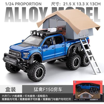 1:24 F150 Camping Rv Off Road Pick-up Vrachtwagen Legering Metaal Diecast Model Auto Geluid en Licht Speelgoed Sieraden Cadeaus Voor Kinderen Terugtrekken blauw