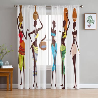 Afrikaanse Vrouwen In Berglandschap Tule Transparante Gordijnen voor Woonkamer Slaapkamer Keukendecoratie Voile Organza Gordijnen 135W x 114H(cm)