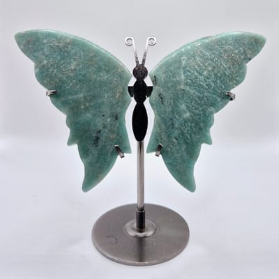 Blue Amazonite Butterfly / Vlinder geslepen Edelsteen met Metalen Standaard (amazoniet)