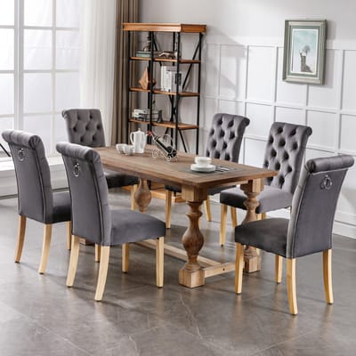 Wishdor Eetkamerstoelen Set Van 6 - Fluwelen Bekleding Met Gebogen Rugleuning - Knopen En Ringgreep - Grijs Met Houten Poten