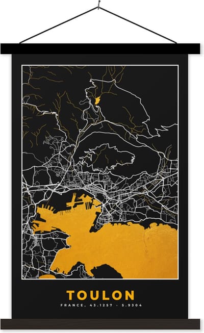 Posterhanger incl. Poster 40x60 cm - Schoolplaat - Plattegrond – Kaart – Stadskaart – Frankrijk – Toulon - Textielposter - Zwarte latten - Stadskaart