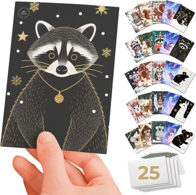 Inspra Studio – Luxe Kerstkaarten met Enveloppen – 25 Stuks – Dieren Wenskaarten Collectie – Mix van 5 Unieke Illustratiestijlen – Eekhoorn, Wasbeer, Muis, Lama & Koala
