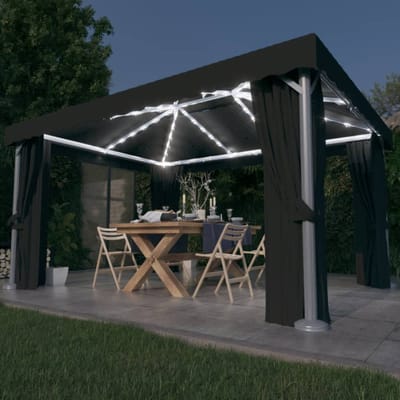 vidaXL - Prieel - met - gordijn - en - LED-lichtslinger - 4x3 - m - antracietkleurig