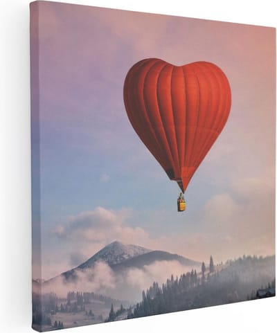 Artaza Canvas Schilderij Hart Luchtballon - 30x30 cm - Klein - Wanddecoratie Zonsondergang - Muurdecoratie Bergen - Schilderijen Op Canvas