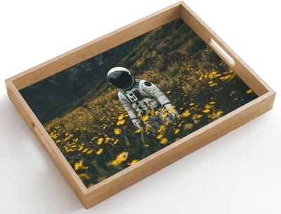 Dienblad hout 50x35 cm - Schootdienblad - Astronaut - Bloemen - Veld - Geel - Borrelplank rechthoek - Plateau dienbladen