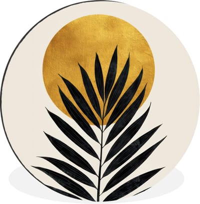 WallCircle - Wandcirkel - Muurcirkel - Zwart palmblad - Gouden cirkel - Beige achtergrond - Aluminium - Dibond - 30x30 cm - Binnen en Buiten