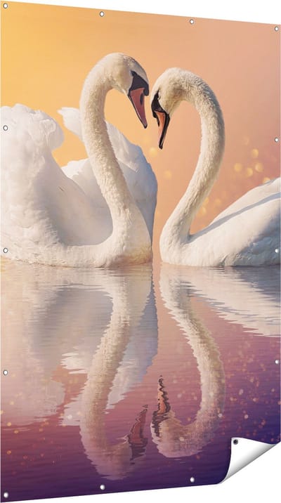 Gards Tuinposter Zwanen Koppel in een Hart Vorm - 120x180 cm - Tuindoek - Tuindecoratie - Wanddecoratie buiten - Tuinschilderij