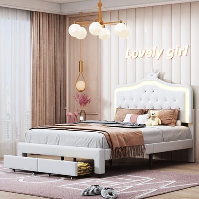 Prinsessenbed 140x200 Wit – Bedframe met 2 Lades – PU Leren Bed met Kristal Knopen & Kroon Hoofdbord – Kinderbed Meisjes
