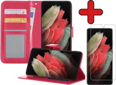 Hoesje - Met Screenprotector - Geschikt voor Samsung Galaxy S21 Ultra - Luxe Pasjeshouder - Flipcase - Bookcase Portemonee - Flip Case - Kunstleer Book Case - Book Cover - Walletcase - Portemonneehoes - Telefoonhoes - Donkerroze