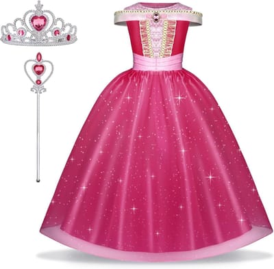 Prinsessen Kostuums voor Meisjes met Toverstok en Kroon, Aurora Verkleedkleding voor Feestjes en Carnaval, Perfect voor Halloween en Kerst