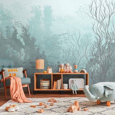 Fotobehang Profhome 399041-GU vliesbehang hardvinyl warmdruk in reliëf glad met kinder patroon mat blauw grijs 3,71 m x 2,8 m