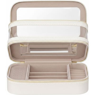 Ochama Cosmetica Organizer met Spiegel, Reisetui voor Make-up, Sieradenopslag, Draagbare Kwastentas, Geschenk voor Vrouwen, Wit