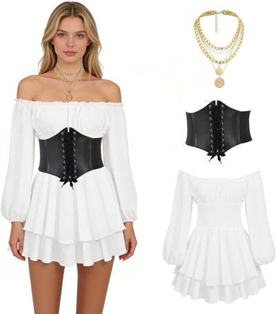 Piratenkostuum voor Dames - Off Shoulder Korte Jurk met Taille Corset en Meerlaagse Ketting voor Carnaval en Feestjes