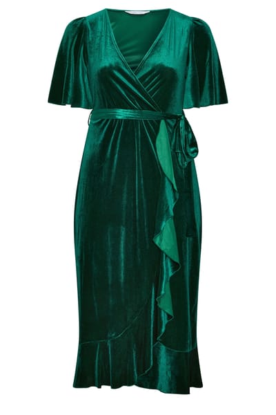 Yours London Groene Fluwelen Wikkeljurk Size 46